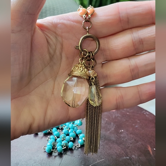 Vintage Blue and Gold Necklace with Crystal Pendant - Picture 5 of 8